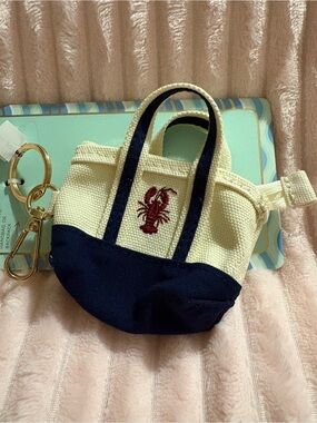 Cream and Navy Mini Tote Bag  Keychain with Red Embroidered Lobster Accent  NWT